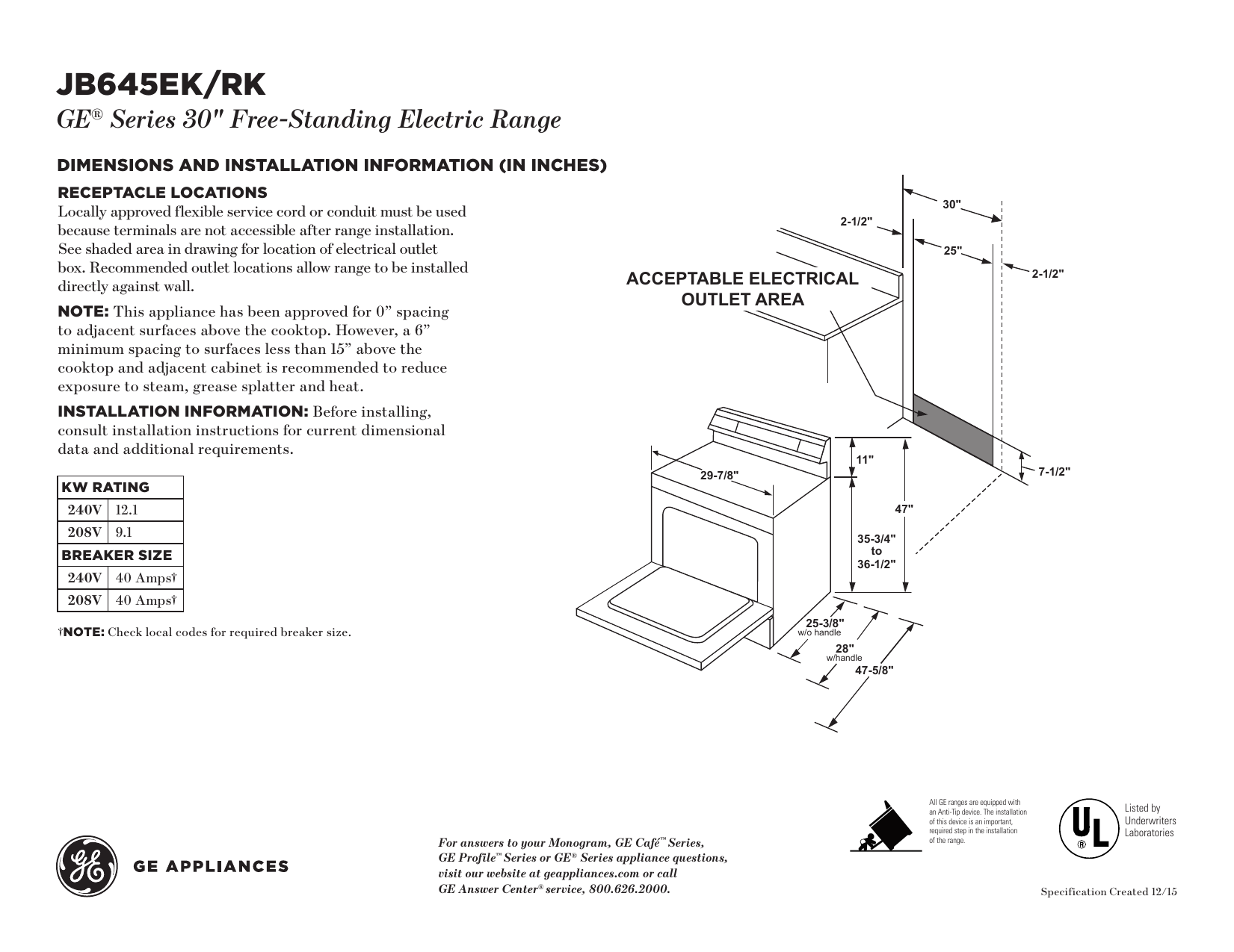 GE JB645RKSS Specification | Manualzz