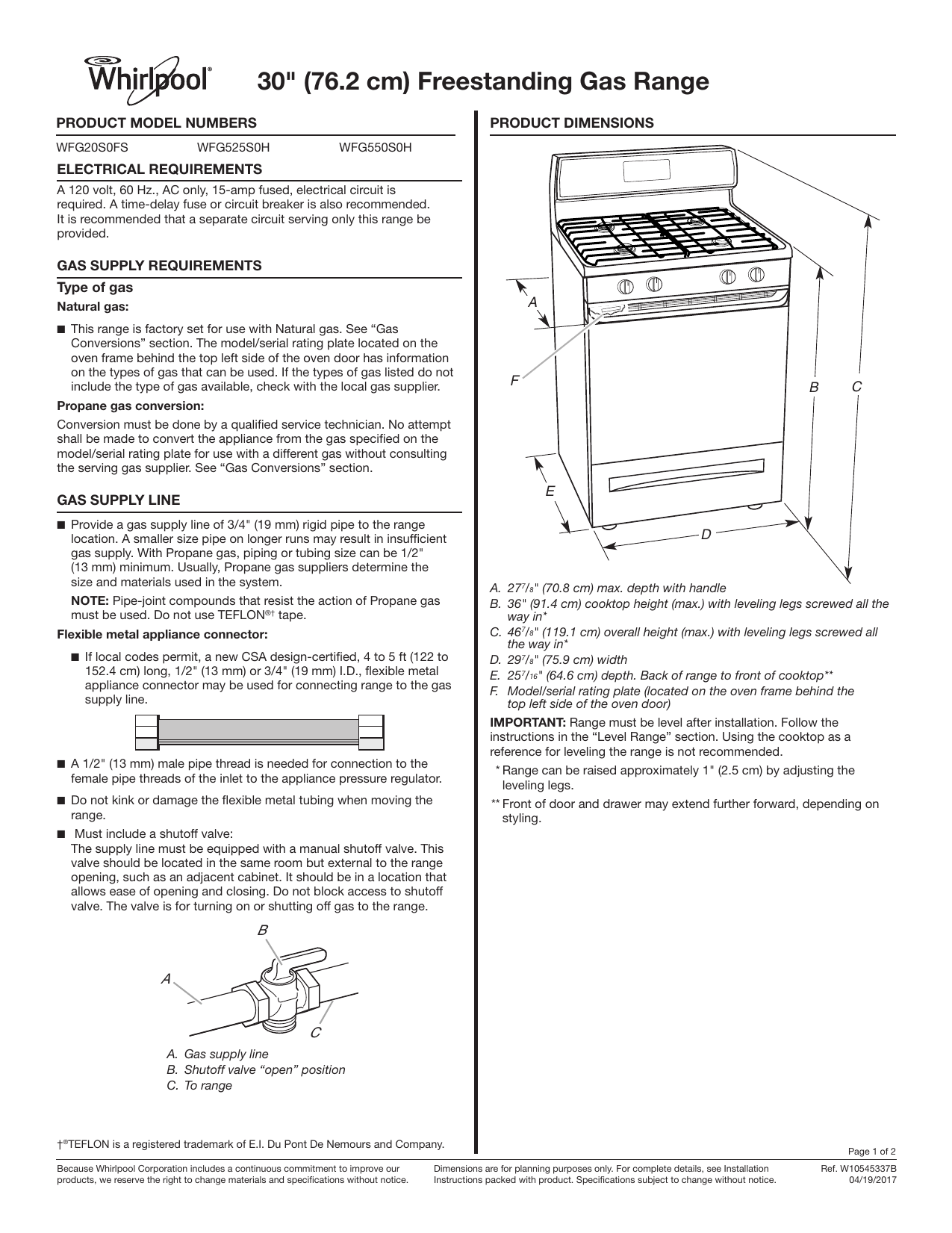 Whirlpool Wfg550s0hz Dimensions 