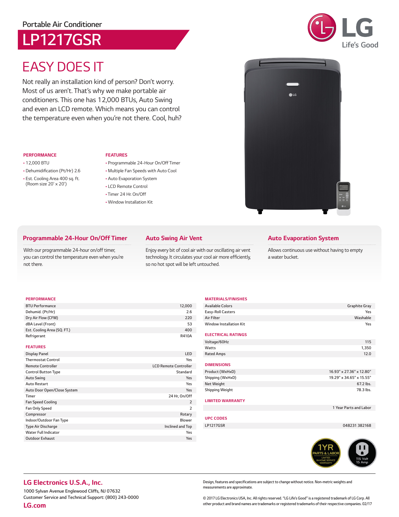 LG LP1217GXR Spec Sheet | Manualzz