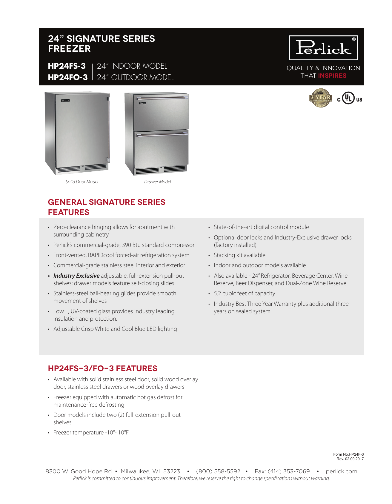 Perlick Hp24fo 3 2l Specifications Sheet Manualzz Com