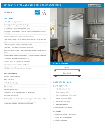 Sub-Zero BI-36U/S/PH-RH Specifications Sheet | Manualzz