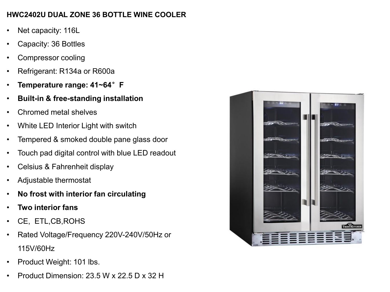 Thor Kitchen Thhwc2408u Wine Cooler Specifications Thor Kitchen Wine Cooler