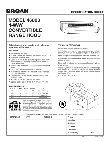 Broan BR463023 Spec Sheet | Manualzz