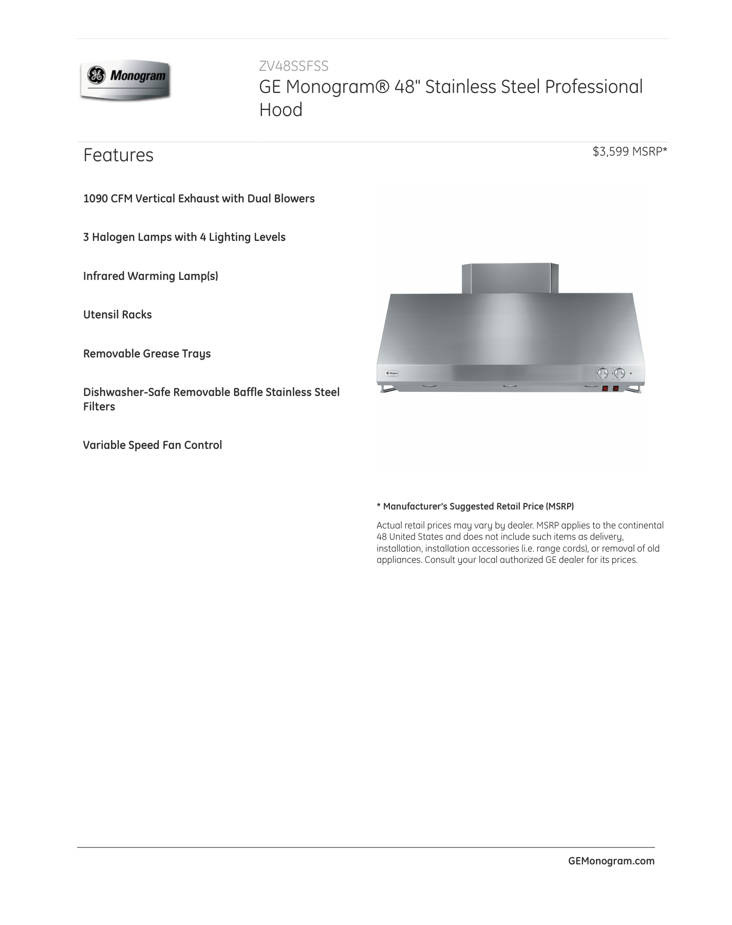 Ge Monogram Gezv48ssfss User Manual Manualzz