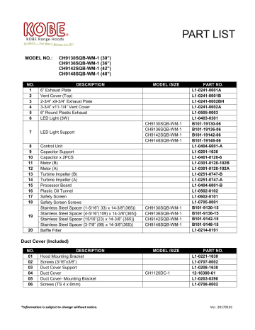 Kobe CH9130SQBWM1 Part List | Manualzz
