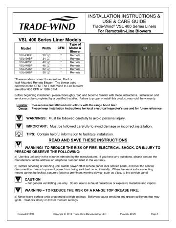 Trade-Wind VSL430-0-BF Installation guide | Manualzz