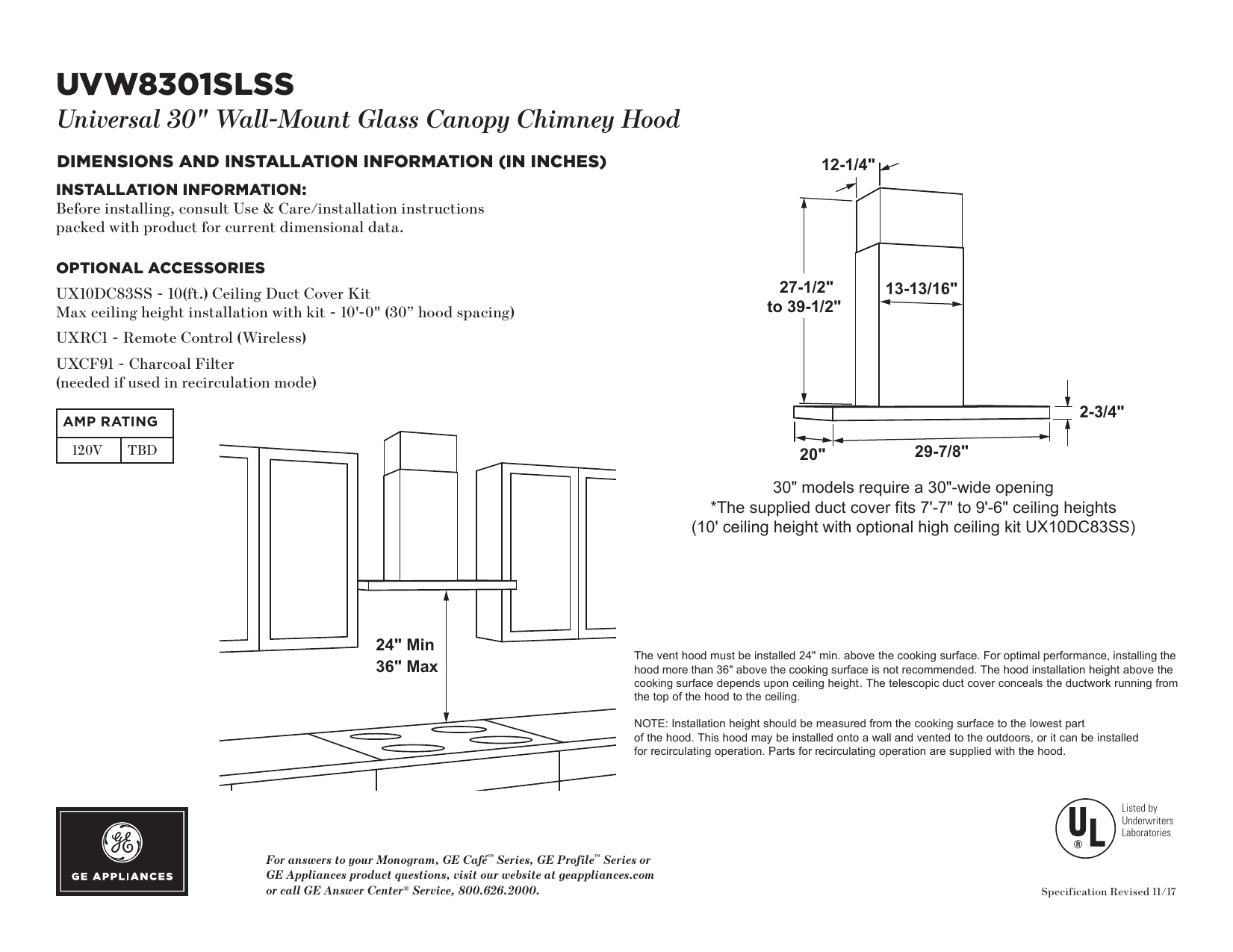 Ge Uvw8301slss Specification Sheet Manualzz Com