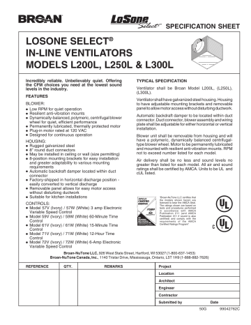 Broan L300L Specification Sheet | Manualzz