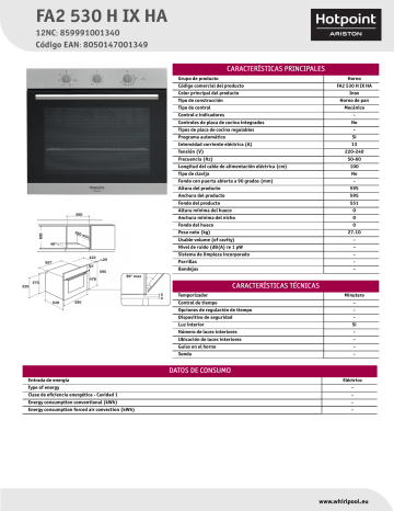 Whirlpool FA2 530 H IX HA Product data sheet | Manualzz