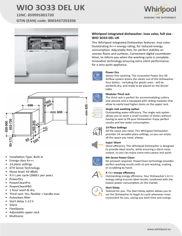Whirlpool WIO 3O33 DEL UK Product data sheet | Manualzz