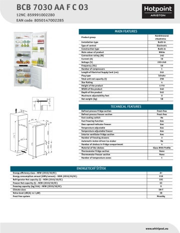 HOTPOINT/ARISTON BCB 7030 AA F C O3 Fridge/freezer combination Product Data Sheet | Manualzz
