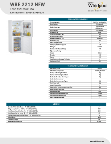 Whirlpool WBE 2212 NFW Fridge/freezer combination Product Data Sheet | Manualzz