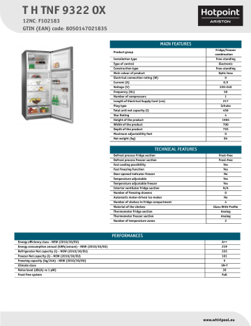 HOTPOINT/ARISTON T H TNF 9322 OX Product data sheet | Manualzz