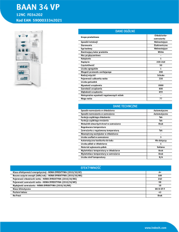 Whirlpool BAAN 34 VP Product data sheet | Manualzz
