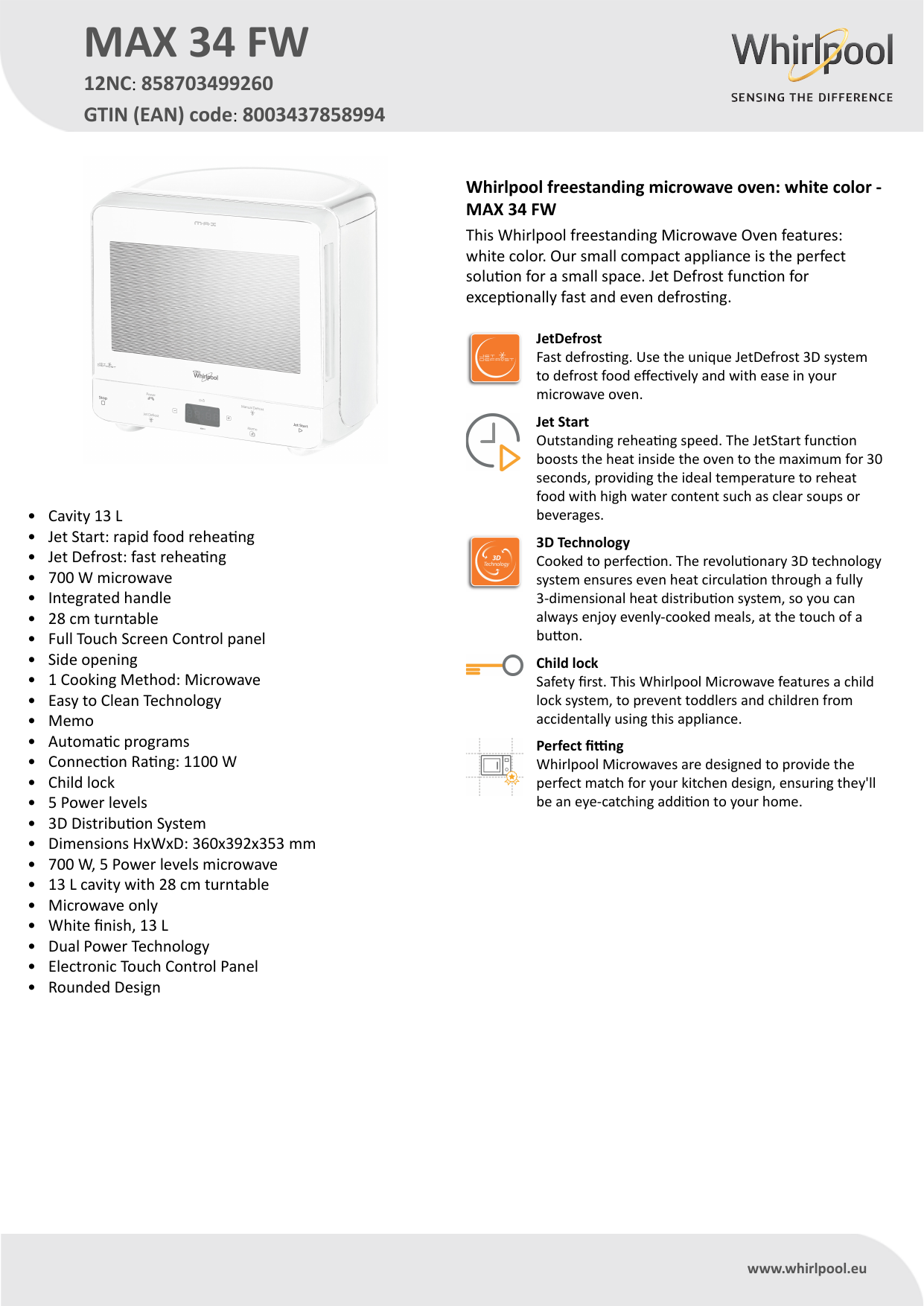 Whirlpool MAX 34 FW Product data sheet | Manualzz
