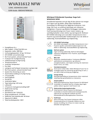 Whirlpool WVA31612 NFW Freezer Product Data Sheet | Manualzz