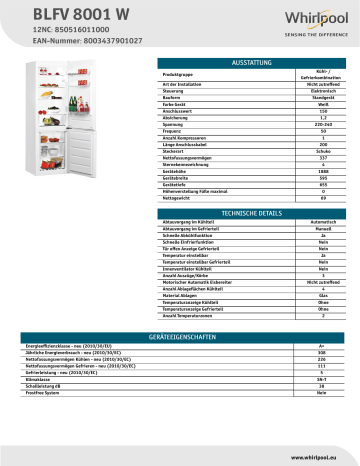 Whirlpool BLFV 8001 W Fridge/freezer combination Product Data Sheet | Manualzz