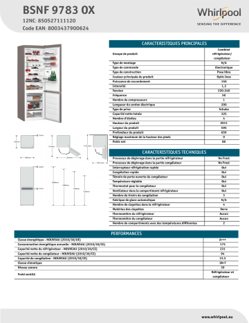 Whirlpool BSNF 9783 OX Fridge/freezer combination Product Data Sheet | Manualzz