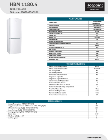 HOTPOINT/ARISTON HBM 1180.4 Fridge/freezer combination Product Data Sheet | Manualzz