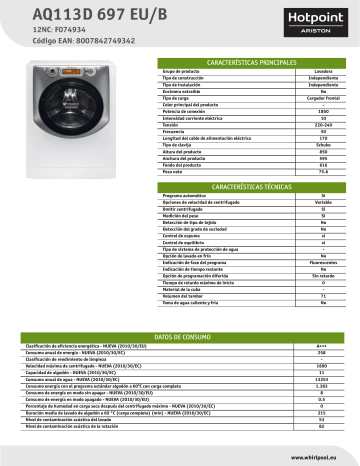 HOTPOINT/ARISTON AQ113D 697 EU/B Washing machine Product Data Sheet | Manualzz