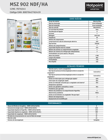 HOTPOINT/ARISTON MSZ 902 NDF/HA Side-by-Side Product Data Sheet | Manualzz