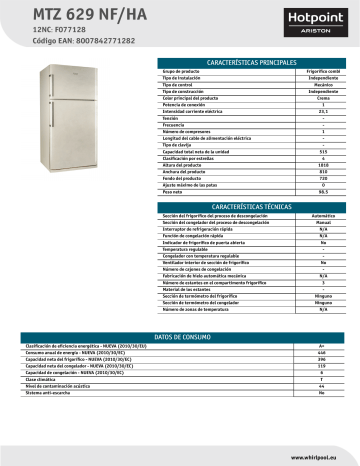 HOTPOINT/ARISTON MTZ 629 NF/HA Fridge/freezer combination Product Data Sheet | Manualzz