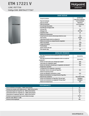 HOTPOINT/ARISTON ETM 17221 V Fridge/freezer combination Product Data Sheet | Manualzz