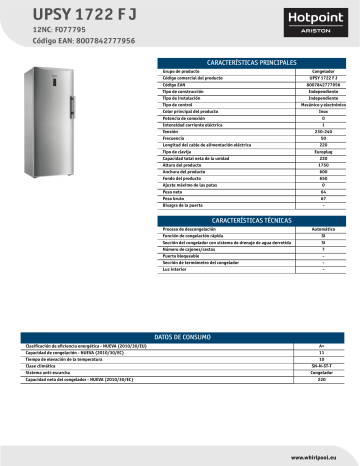 HOTPOINT/ARISTON UPSY 1722 F J Freezer Product Data Sheet | Manualzz