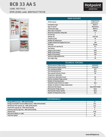 HOTPOINT/ARISTON BCB 33 AA S Fridge/freezer combination Product Data Sheet | Manualzz