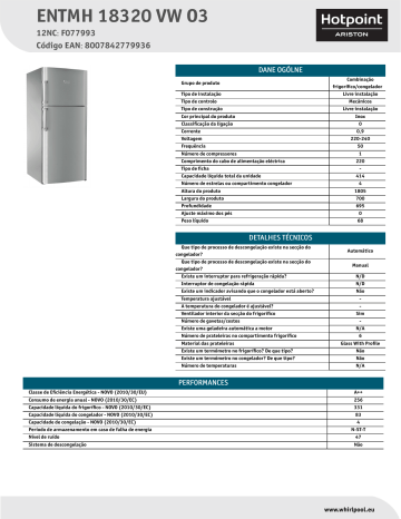 HOTPOINT/ARISTON ENTMH 18320 VW O3 Fridge/freezer combination Product Data Sheet | Manualzz