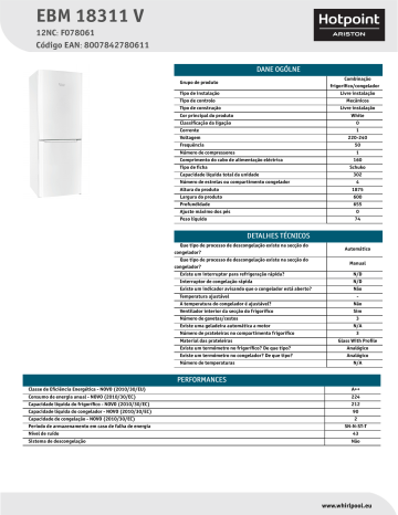 HOTPOINT/ARISTON EBM 18311 V Fridge/freezer combination Product Data Sheet | Manualzz