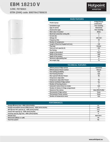 HOTPOINT/ARISTON EBM 18210 V Fridge/freezer combination Product Data Sheet | Manualzz