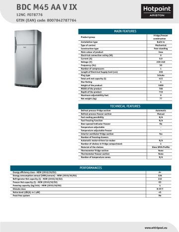 HOTPOINT/ARISTON BDC M45 AA V IX Fridge/freezer combination Product Data Sheet | Manualzz