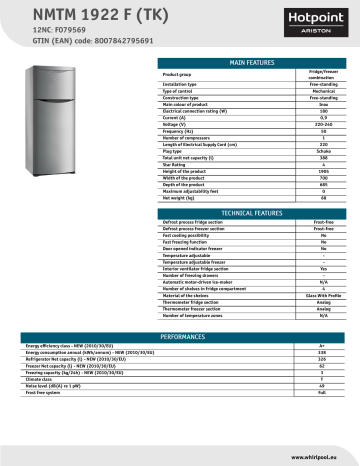 HOTPOINT/ARISTON NMTM 1922 F (TK) Fridge/freezer combination Product Data Sheet | Manualzz