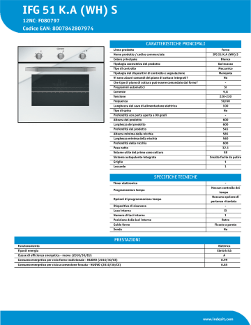 Indesit IFG 51 K.A (WH) S Oven Product Data Sheet | Manualzz