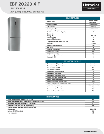 HOTPOINT/ARISTON EBF 20223 X F Fridge/freezer combination Product Data Sheet | Manualzz