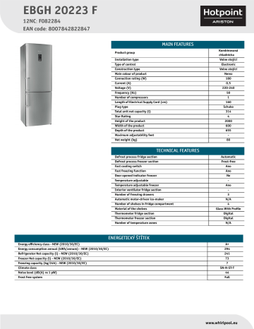 HOTPOINT/ARISTON EBGH 20223 F Fridge/freezer combination Product Data Sheet | Manualzz