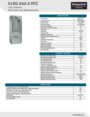 HOTPOINT/ARISTON E4DG AAA X MTZ Fridge/freezer combination Product Data Sheet | Manualzz