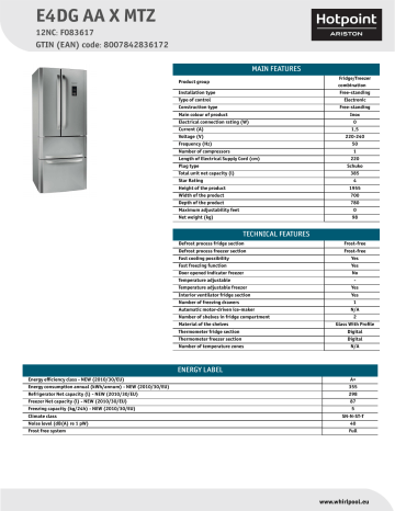 HOTPOINT/ARISTON E4DG AA X MTZ Fridge/freezer combination Product Data Sheet | Manualzz