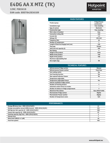 HOTPOINT/ARISTON E4DG AA X MTZ (TK) Fridge/freezer combination Product Data Sheet | Manualzz
