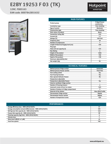 HOTPOINT/ARISTON E2BY 19253 F O3 (TK) Fridge/freezer combination Product Data Sheet | Manualzz