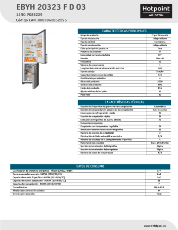 HOTPOINT/ARISTON EBYH 20323 F D O3 Fridge/freezer combination Product Data Sheet | Manualzz