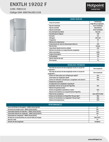 HOTPOINT/ARISTON ENXTLH 19202 F Fridge/freezer combination Product Data Sheet | Manualzz