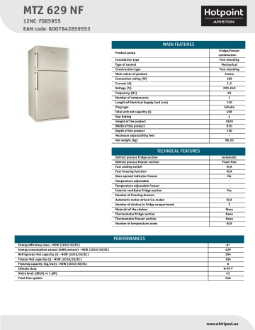 HOTPOINT/ARISTON MTZ 629 NF Fridge/freezer combination Product Data Sheet | Manualzz