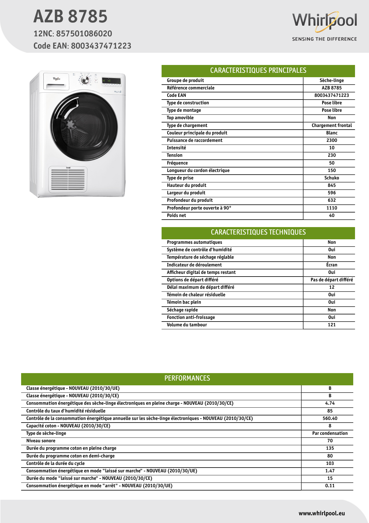 Sèche-linge Whirlpool: posable, 8,0 kg - AZB 8785