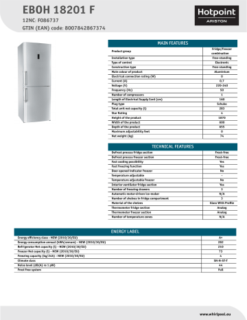 HOTPOINT/ARISTON EBOH 18201 F Fridge/freezer combination Product Data Sheet | Manualzz