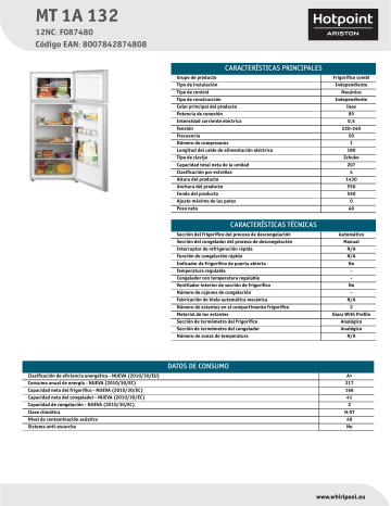 HOTPOINT/ARISTON MT 1A 132 Fridge/freezer combination Product Data Sheet | Manualzz