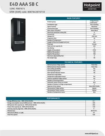 HOTPOINT/ARISTON E4D AAA SB C Fridge/freezer combination Product Data Sheet | Manualzz