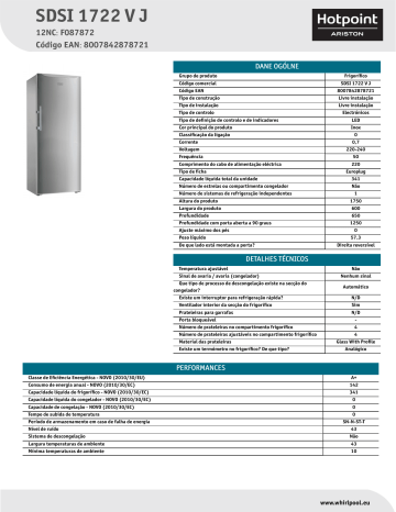 HOTPOINT/ARISTON SDSI 1722 V J Refrigerator Product Data Sheet | Manualzz