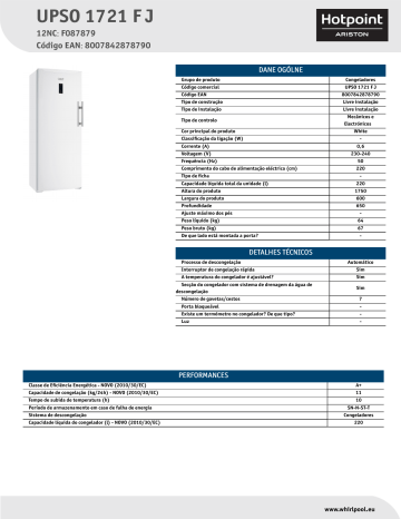 HOTPOINT/ARISTON UPSO 1721 F J Freezer Product Data Sheet | Manualzz